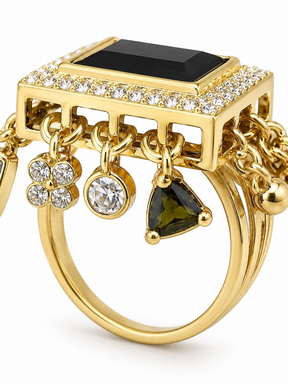 Gold Tone Black Crystal Statement Ring Rhinestone Charm Cocktail Ring NWT - Picture 5 of 7